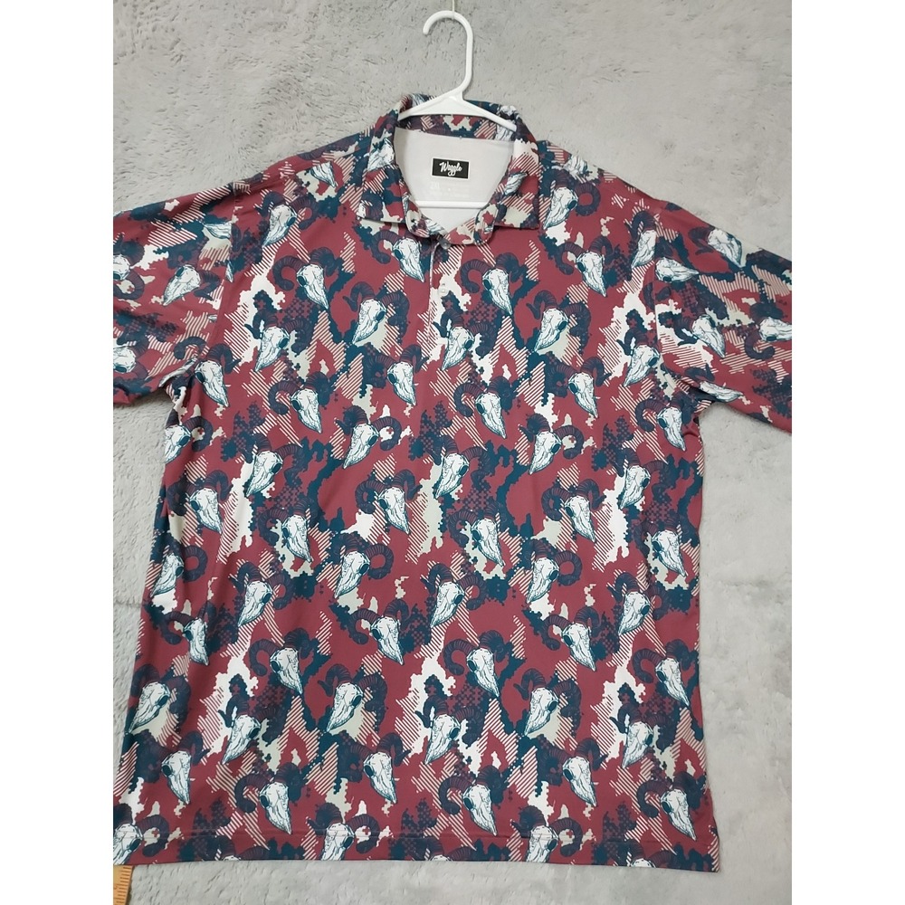 Waggle Polo Shirt Mens 2XL XL Ram Skull Animal Print Golf Performance Maroon - Picture 2 of 8